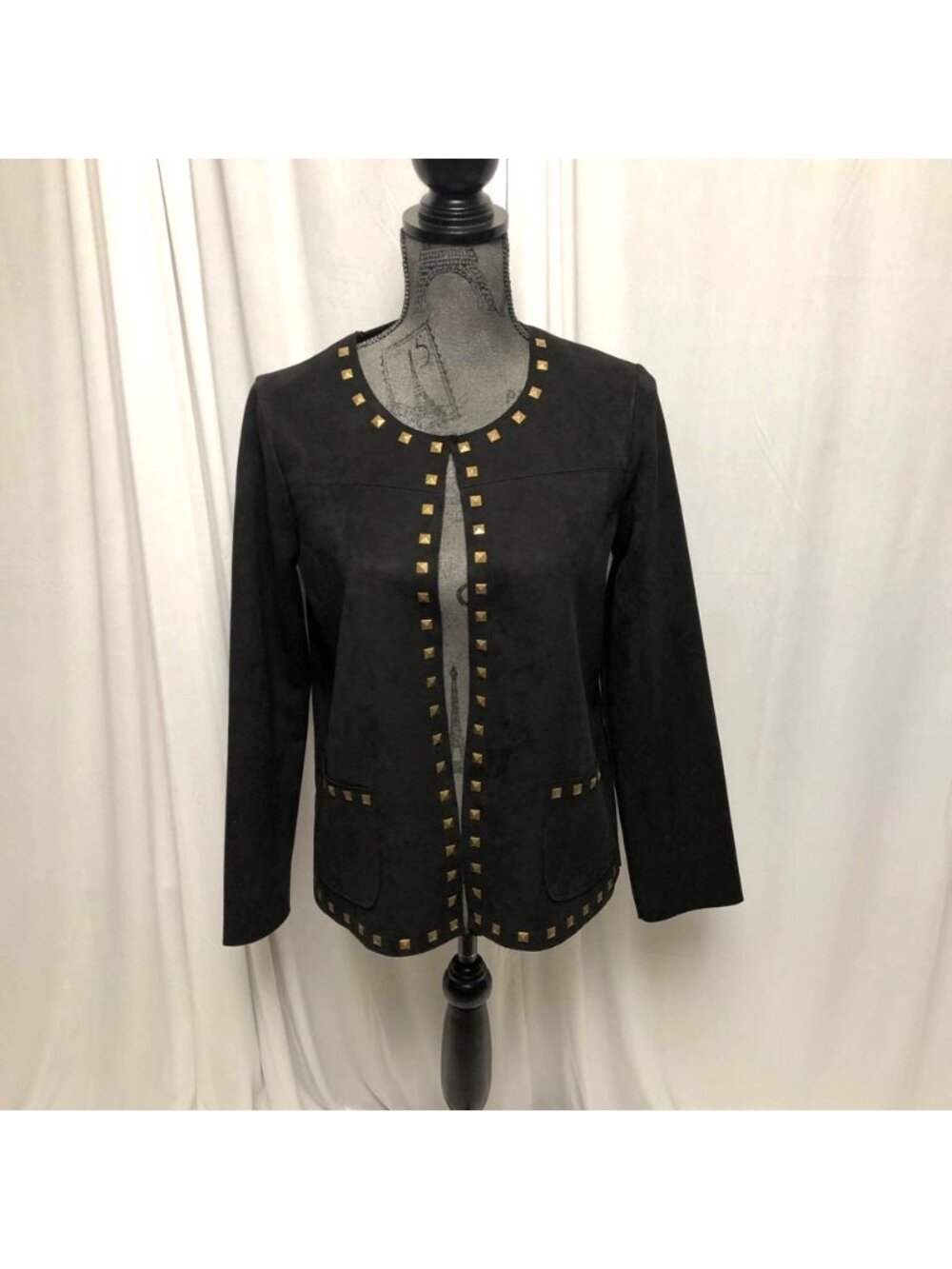 Carmen Marc Valvo Black Studded Faux Suede Jacket Womens Size Small Luxe Blazer